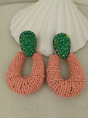 ZARA Pink & Turquoise-Green Beaded Teardrop Hoop Post Vintage Style Earrings
